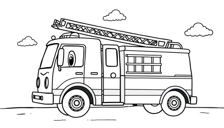 A friendly fire engine coloring panel with a ladder and cartoon eyes.