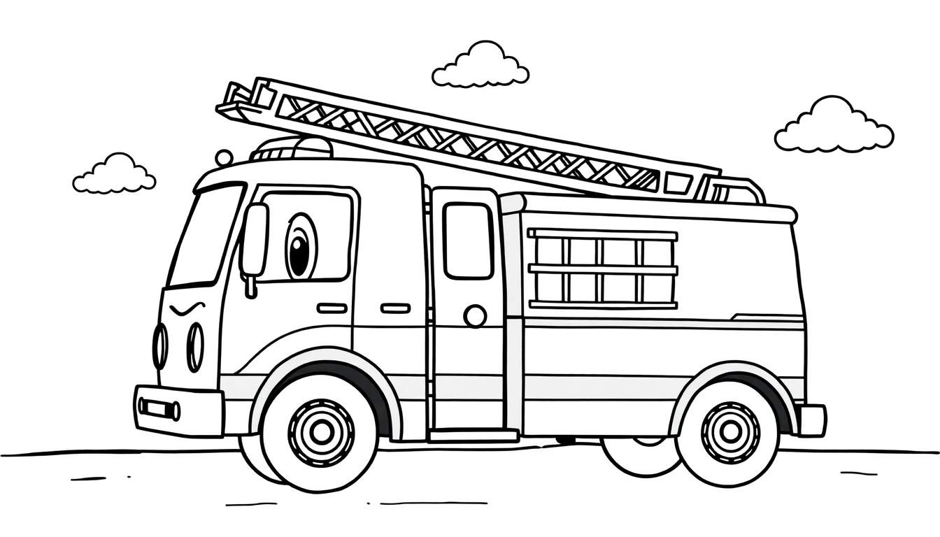 A friendly fire engine coloring panel with a ladder and cartoon eyes.