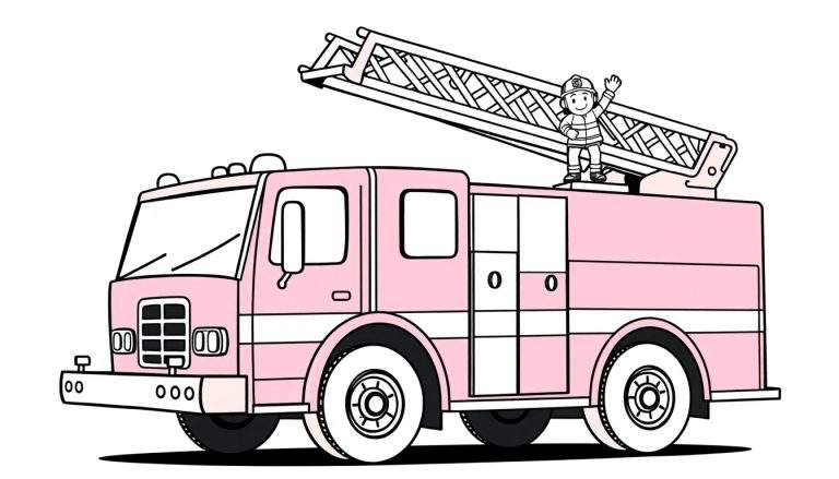 A pink fire truck color panel with a cartoon firefighter waving.