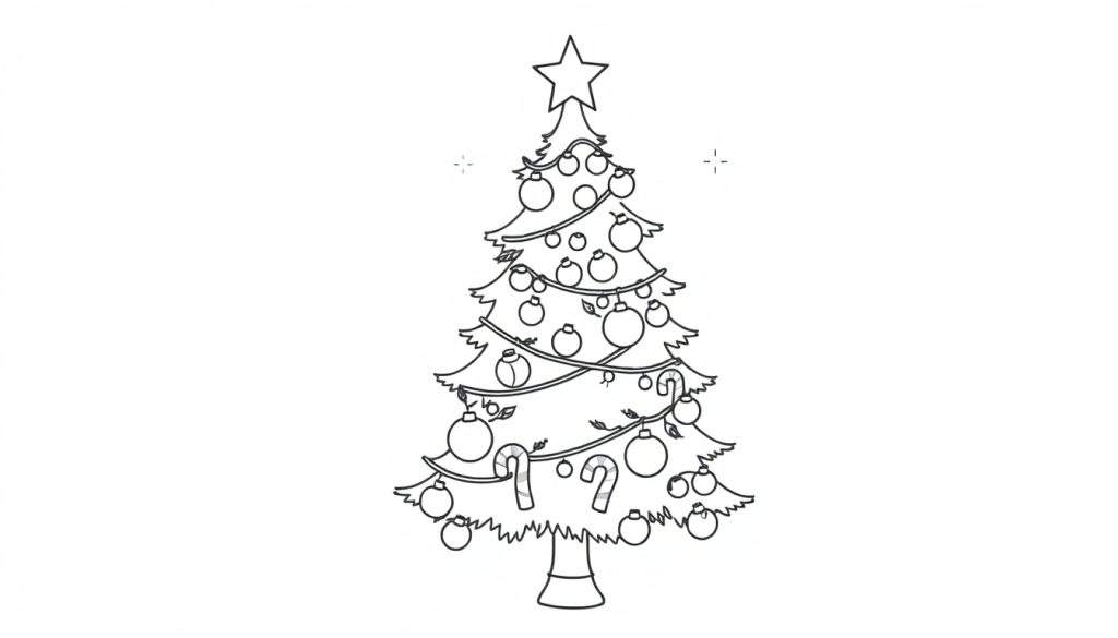 A cute Christmas tree color panel with ornaments and a star.