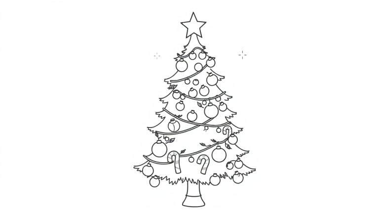 A cute Christmas tree color panel with ornaments and a star.