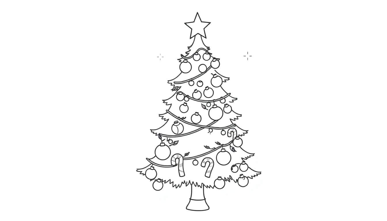 A cute Christmas tree color panel with ornaments and a star.