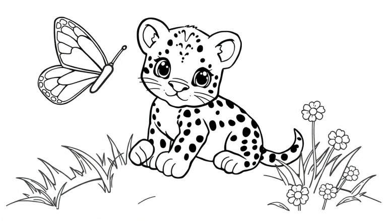 A cute black and white leopard cub in a color panel, ready for coloring, with a butterfly and flowers.