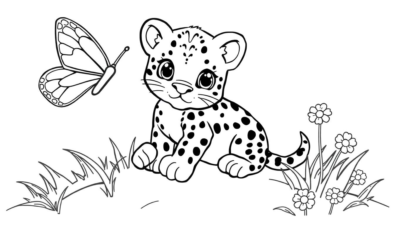 A cute black and white leopard cub in a color panel, ready for coloring, with a butterfly and flowers.