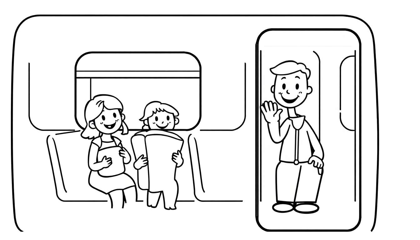 Cartoon drawing of people on a train, one waving from a doorway.
