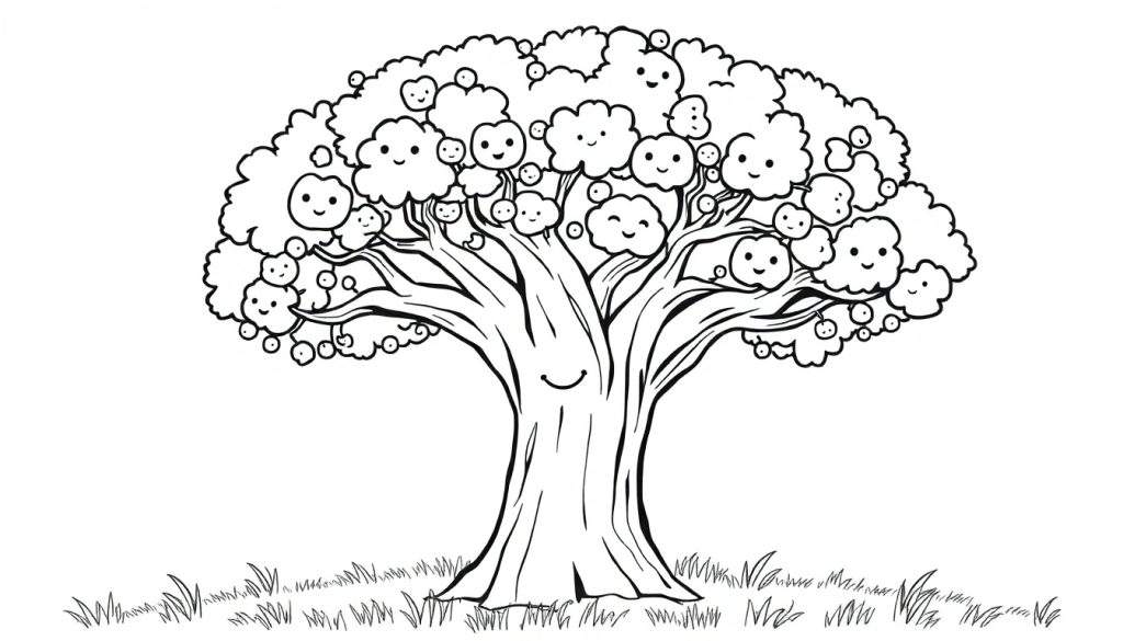 A black and white cartoon drawing of a friendly tree with a happy face on its trunk, and smiling cloud-like leaves, a fun color panel.