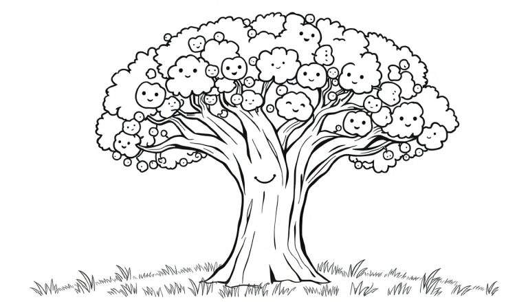 A black and white cartoon drawing of a friendly tree with a happy face on its trunk, and smiling cloud-like leaves, a fun color panel.