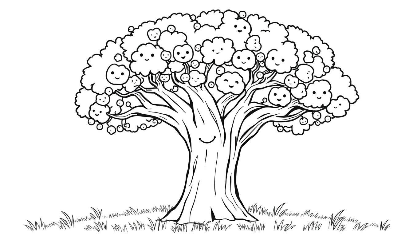 A black and white cartoon drawing of a friendly tree with a happy face on its trunk, and smiling cloud-like leaves, a fun color panel.