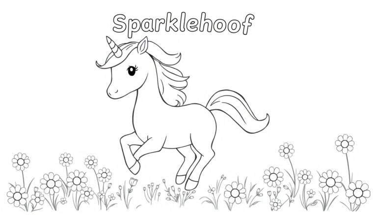 A black and white color panel of a cartoon unicorn named Sparklehoof running through a field of flowers.