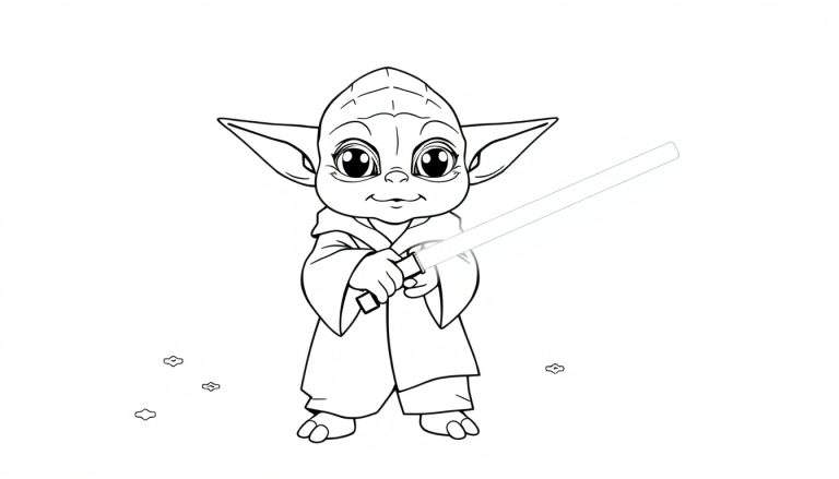 A cute baby Yoda illustration ready for a Star Wars coloring adventure in a color panel.