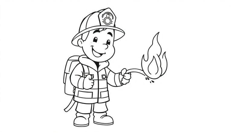 A smiling young firefighter holding a hose, ready to put out a flame, in a black and white coloring panel.