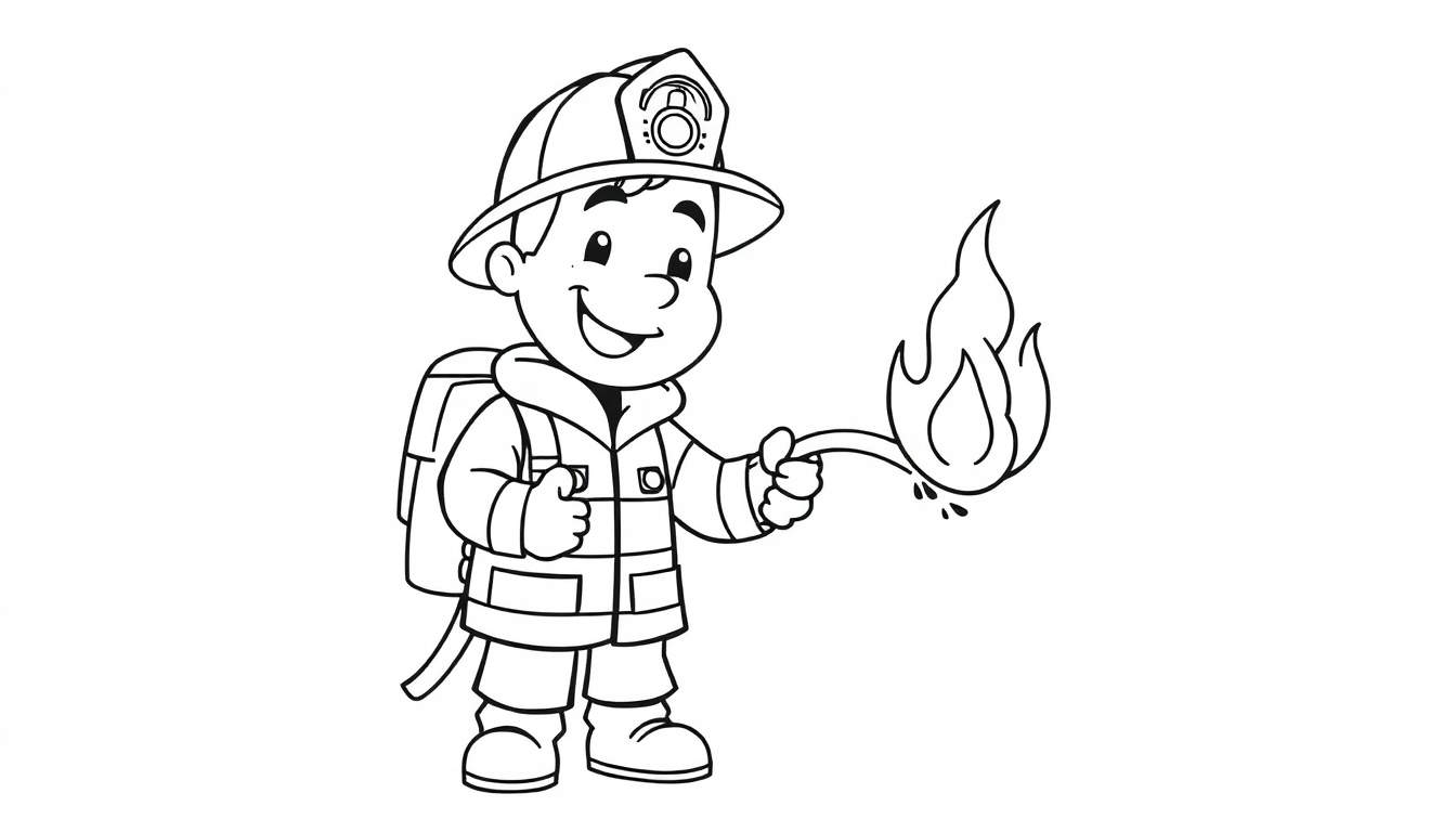 A smiling young firefighter holding a hose, ready to put out a flame, in a black and white coloring panel.