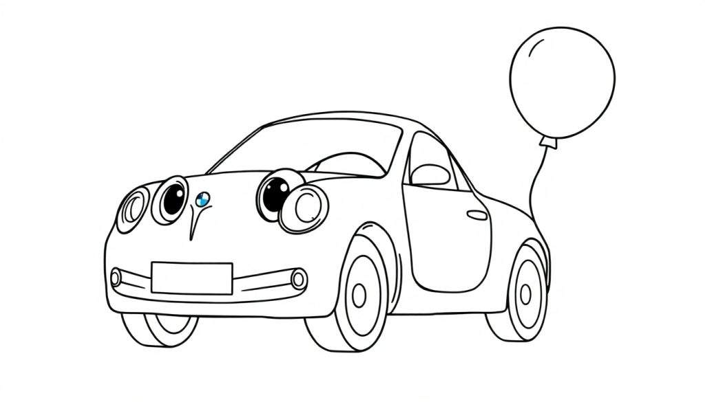 A cute black and white cartoon car with big happy headlights and a balloon, ready for a color panel adventure.
