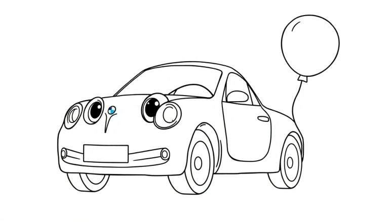 A cute black and white cartoon car with big happy headlights and a balloon, ready for a color panel adventure.