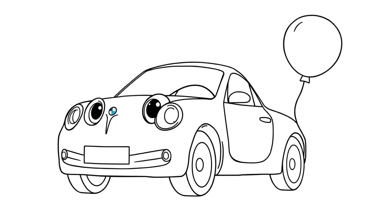 A cute black and white cartoon car with big happy headlights and a balloon, ready for a color panel adventure.