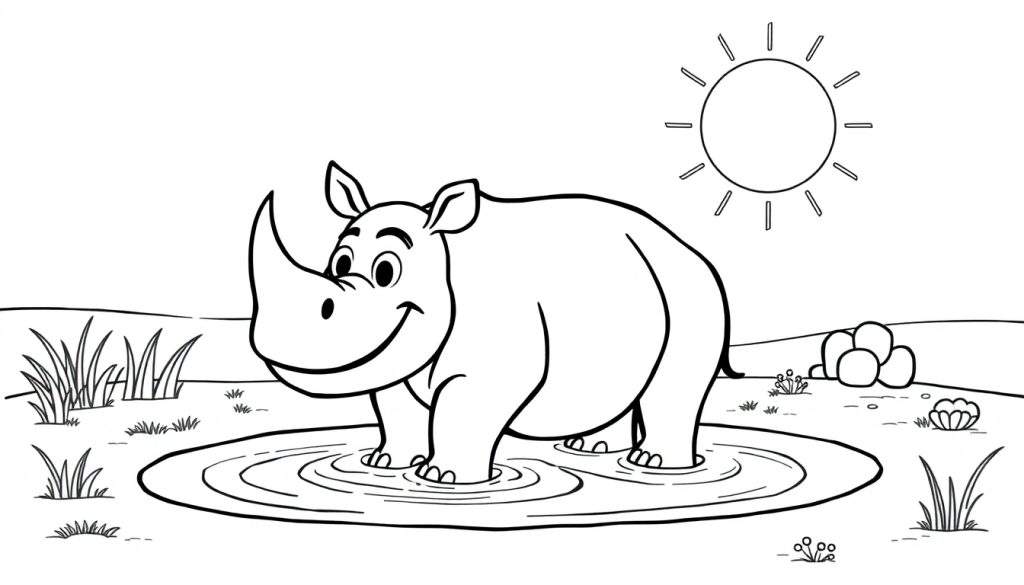 A happy cartoon rhino with a big horn and smiling face enjoys a sunny day in a pool, with ripples in the water and a sun in the background. This is a black and white color panel for kids.