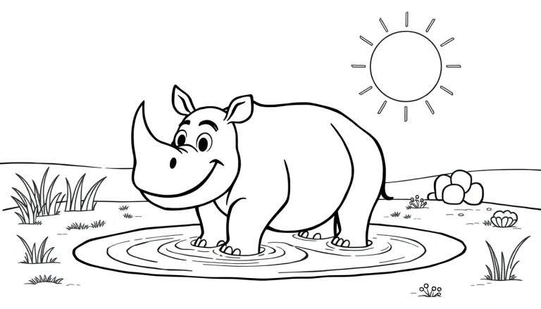 A happy cartoon rhino with a big horn and smiling face enjoys a sunny day in a pool, with ripples in the water and a sun in the background. This is a black and white color panel for kids.