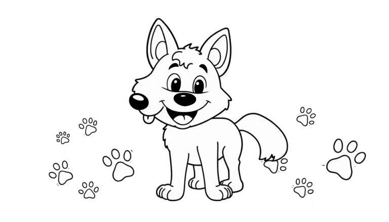 A smiling wolf in a color panel surrounded by paw prints.