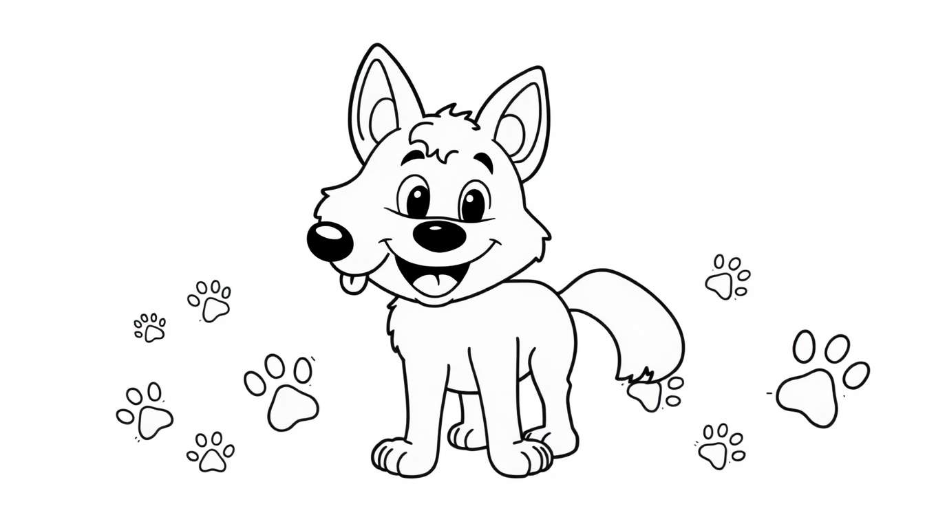 A smiling wolf in a color panel surrounded by paw prints.