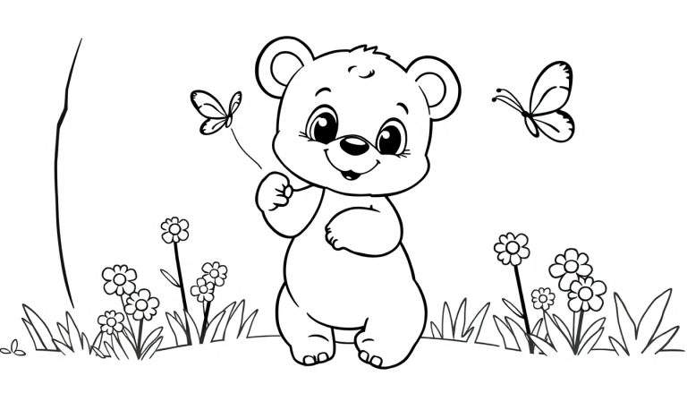 A friendly bear cub with a smile and big eyes, ready for coloring, with butterflies and flowers around. This is a black and white color panel.