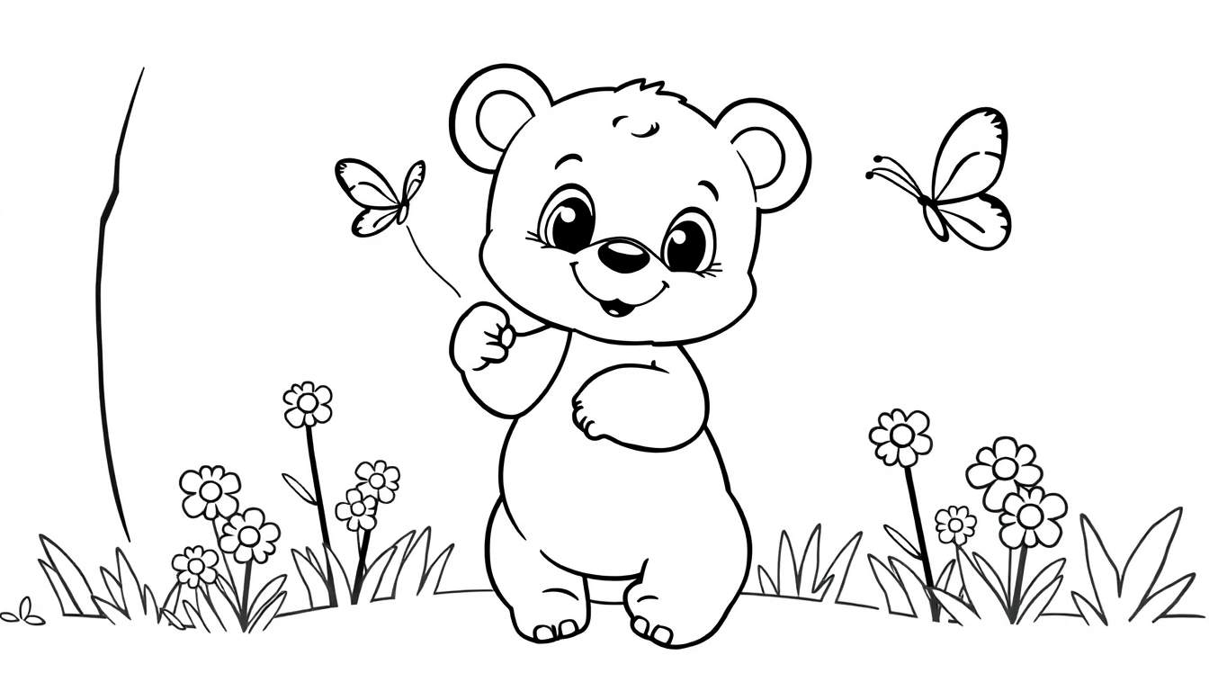 A friendly bear cub with a smile and big eyes, ready for coloring, with butterflies and flowers around. This is a black and white color panel.