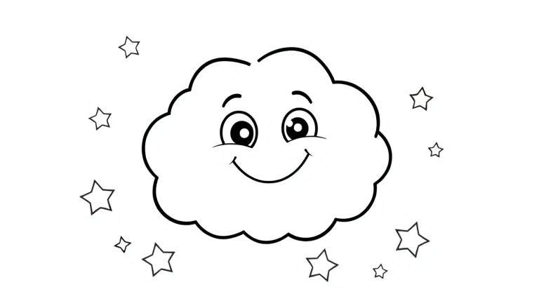 A cute cartoon cloud with a happy face and stars, ready for coloring on a color panel.