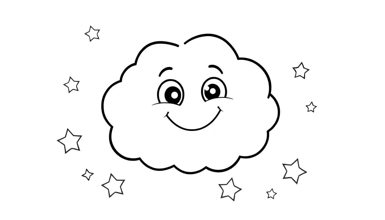 A cute cartoon cloud with a happy face and stars, ready for coloring on a color panel.