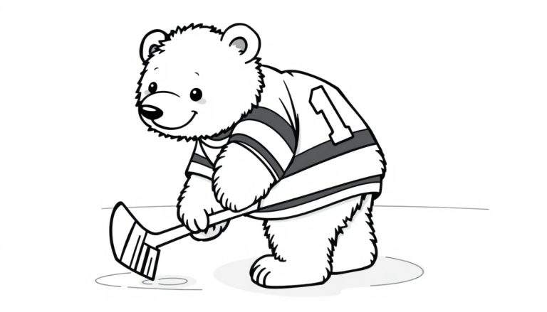 A cute polar bear cub in a hockey jersey, ready to play on the ice, a black and white color panel.