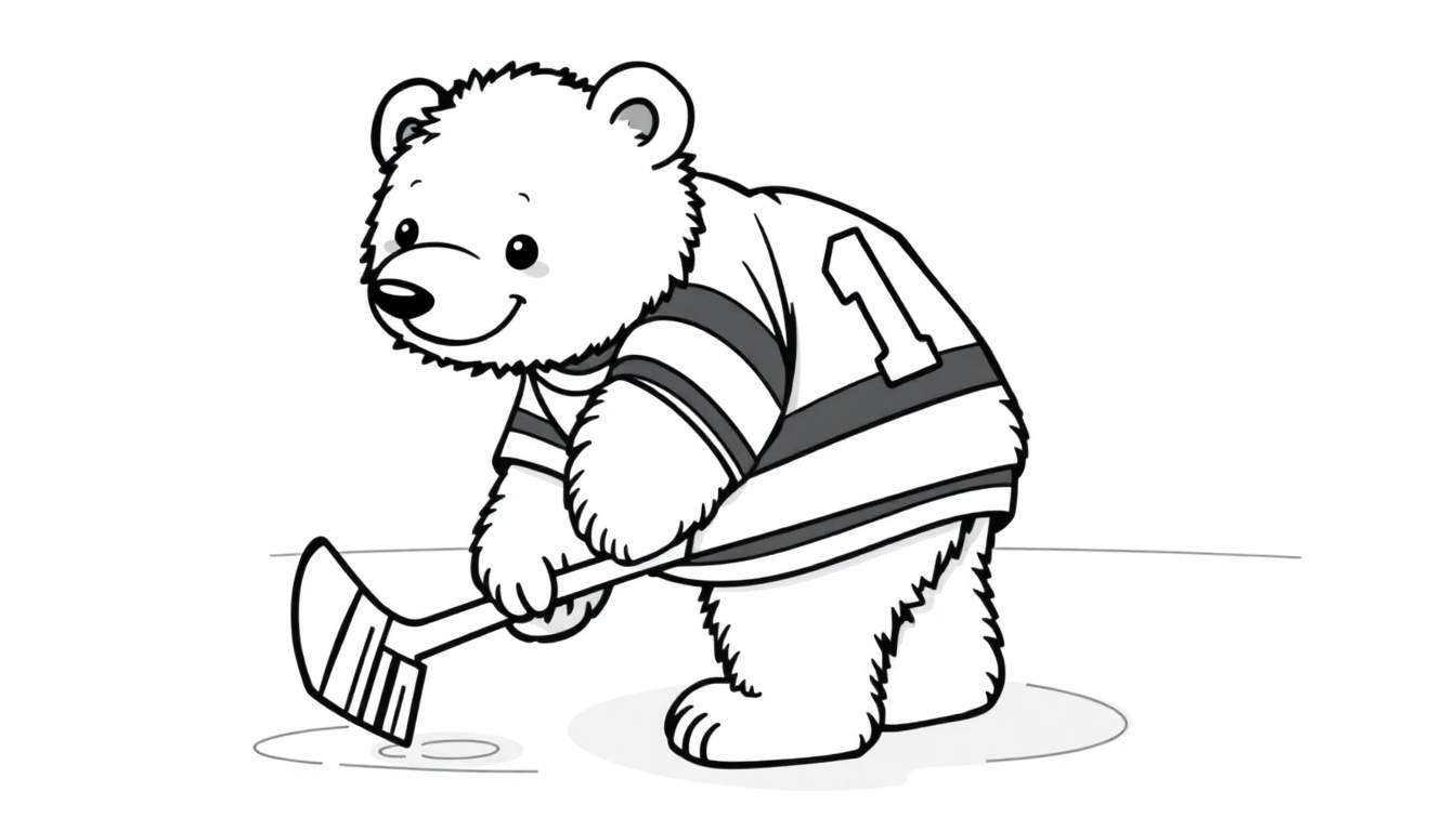 A cute polar bear cub in a hockey jersey, ready to play on the ice, a black and white color panel.