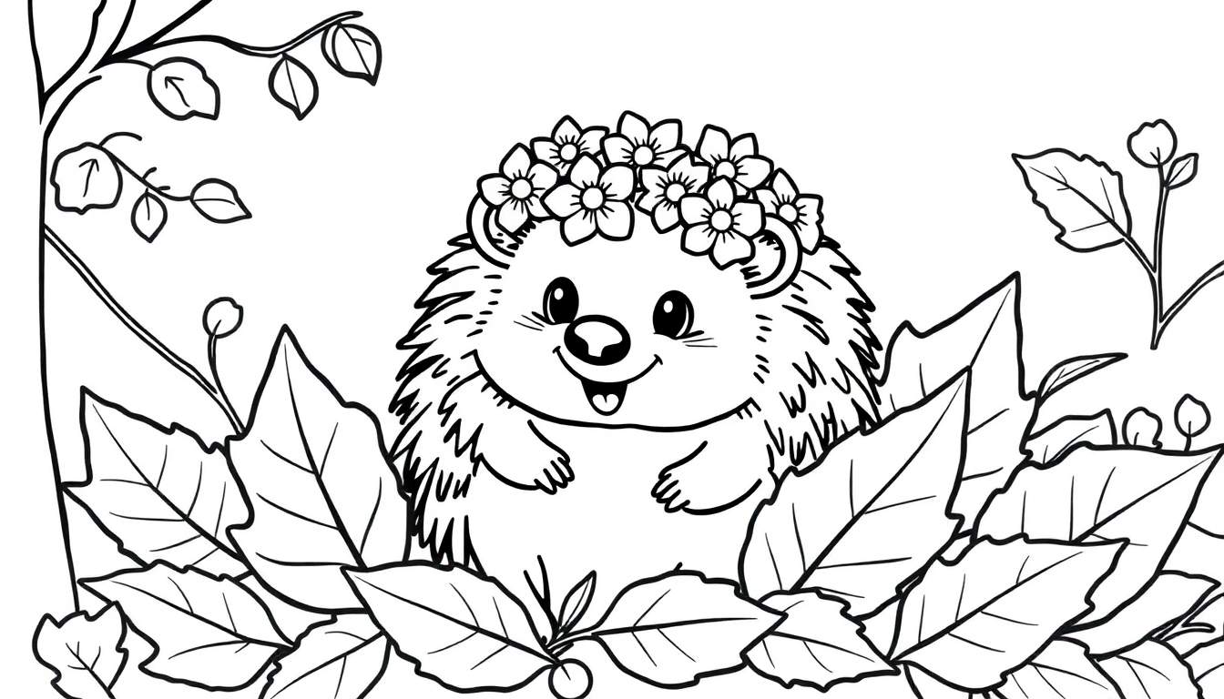A cute black and white drawing of a hedgehog with a flower crown and leaves.
