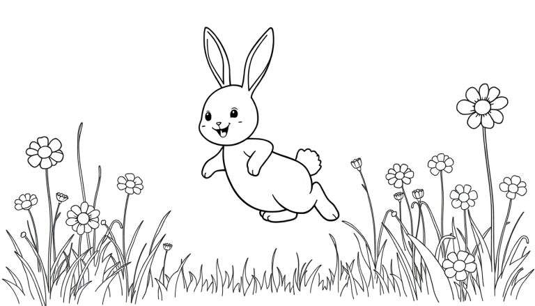 A happy bunny in a black and white color panel jumping over flowers.