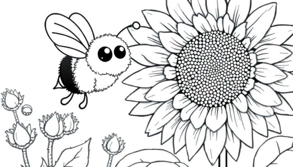 A cute bumblebee with big eyes is flying towards a large sunflower, ready for coloring. This black and white line art is a fun color panel.
