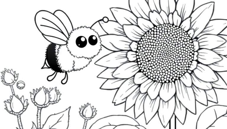 A cute bumblebee with big eyes is flying towards a large sunflower, ready for coloring. This black and white line art is a fun color panel.