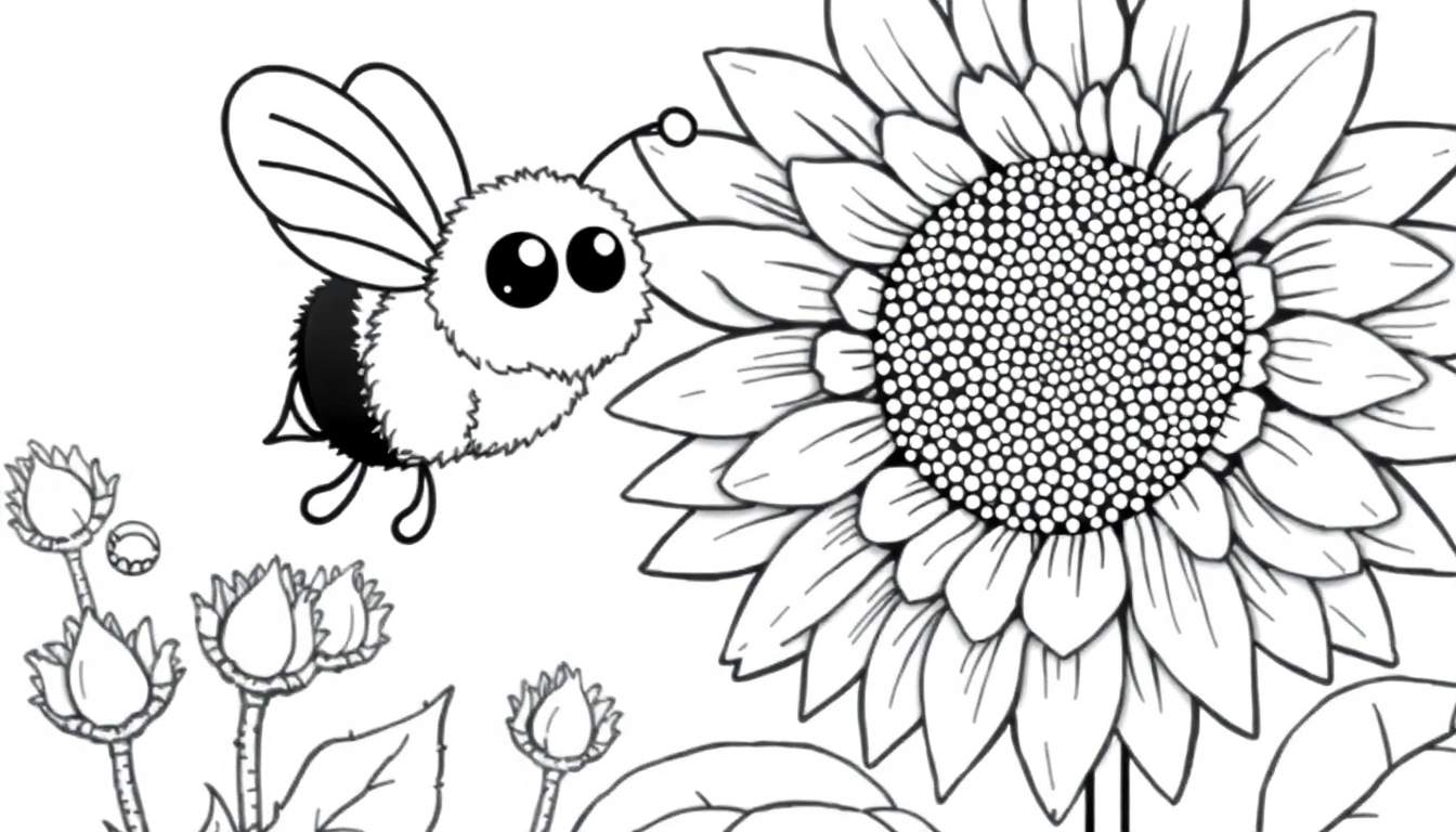 A cute bumblebee with big eyes is flying towards a large sunflower, ready for coloring. This black and white line art is a fun color panel.