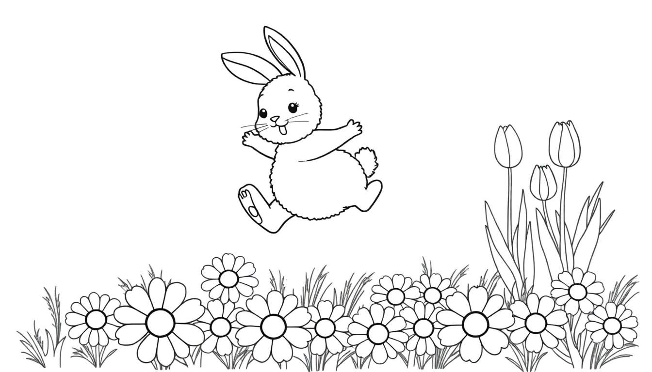 A cute bunny jumping through a flower field, a black and white color panel.