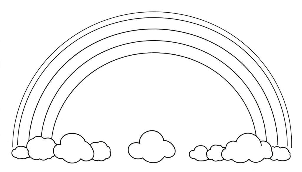 A black and white color panel illustration of a rainbow with fluffy clouds, ready for coloring.
