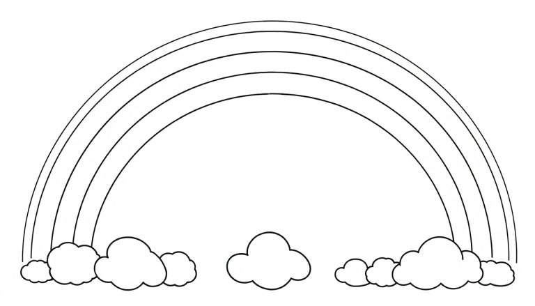 A black and white color panel illustration of a rainbow with fluffy clouds, ready for coloring.