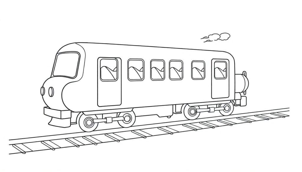 A friendly black and white cartoon subway train, with a puff of smoke, ready for a coloring panel adventure.