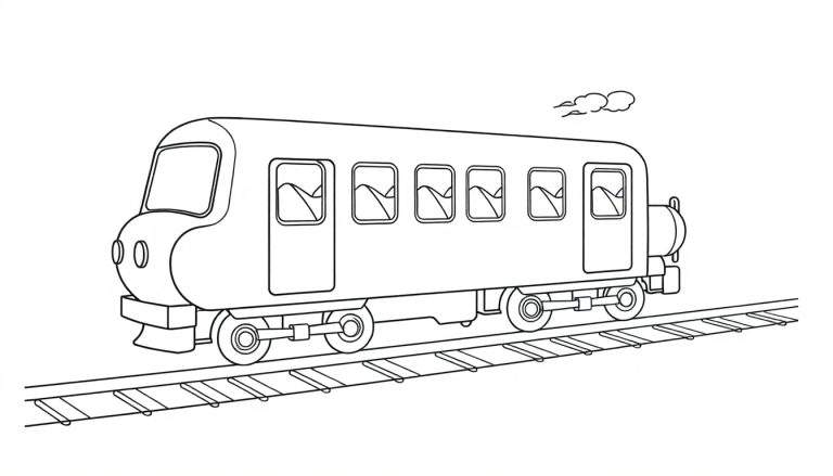 A friendly black and white cartoon subway train, with a puff of smoke, ready for a coloring panel adventure.