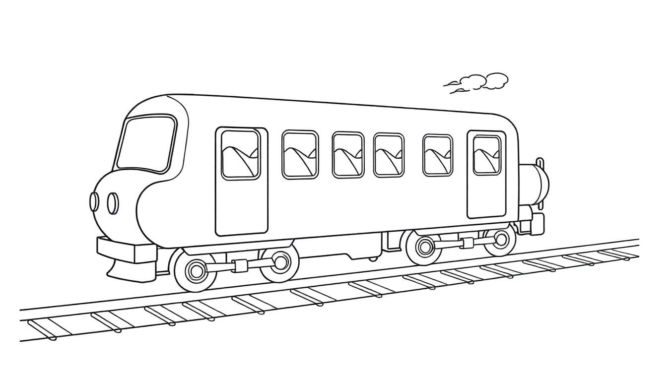 A friendly black and white cartoon subway train, with a puff of smoke, ready for a coloring panel adventure.