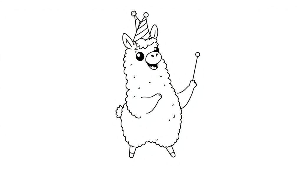A black and white cartoon llama in a party hat holds a magic wand, ready for a Fortnite victory dance. This color panel is perfect for coloring.