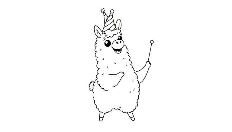 A black and white cartoon llama in a party hat holds a magic wand, ready for a Fortnite victory dance. This color panel is perfect for coloring.