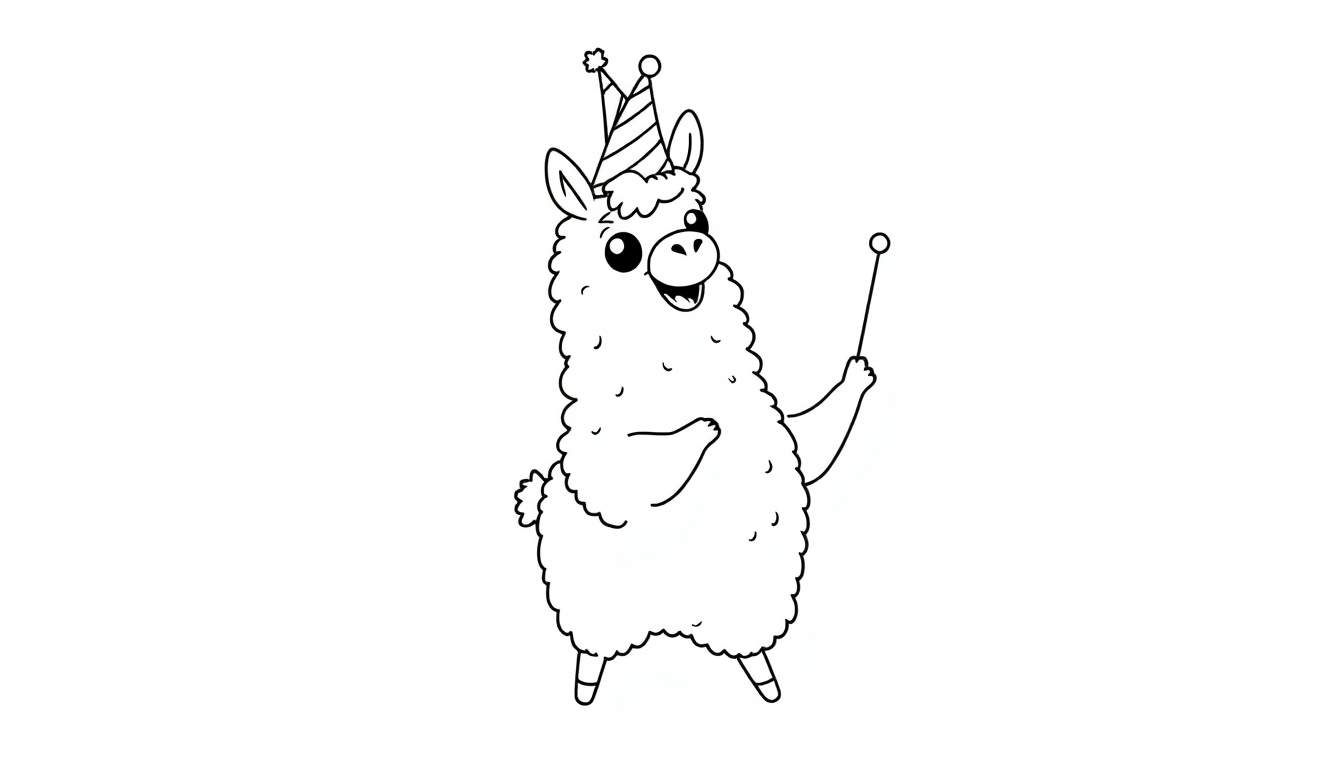 A black and white cartoon llama in a party hat holds a magic wand, ready for a Fortnite victory dance. This color panel is perfect for coloring.