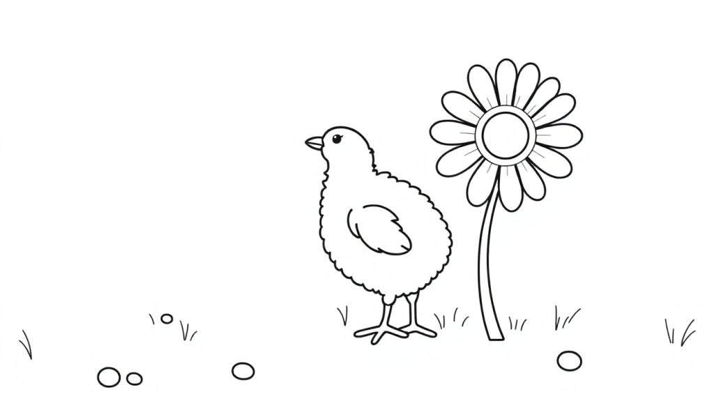A fluffy chick and a daisy on a color panel.
