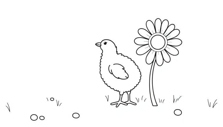 A fluffy chick and a daisy on a color panel.