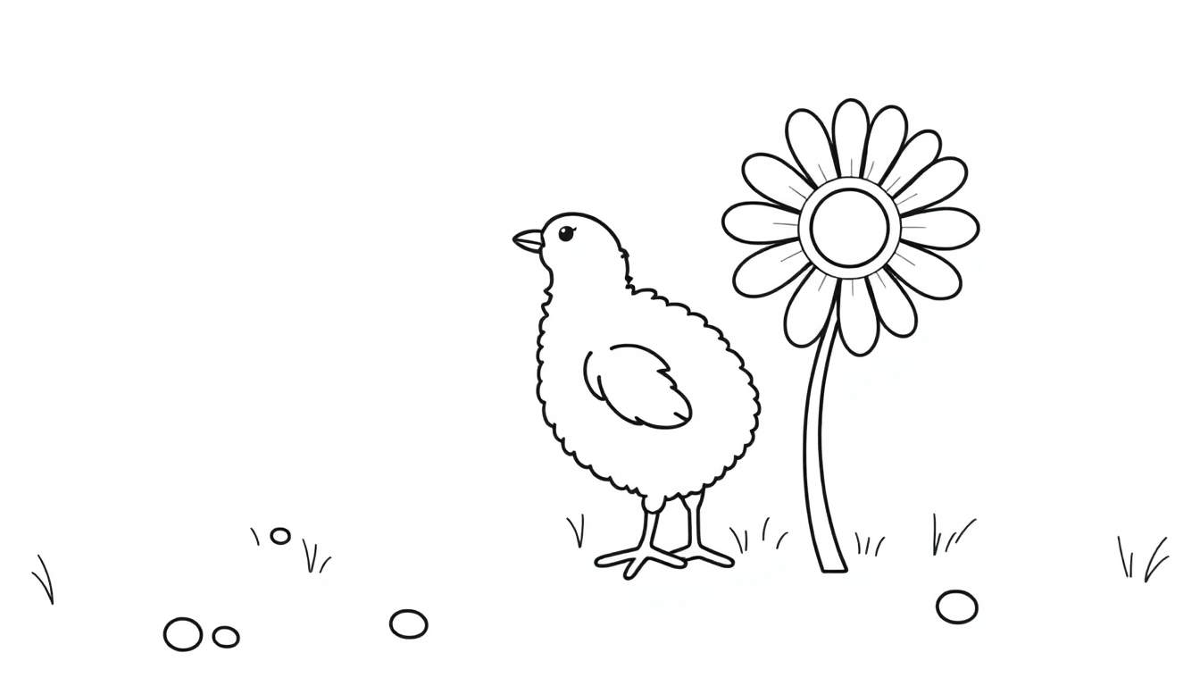 A fluffy chick and a daisy on a color panel.