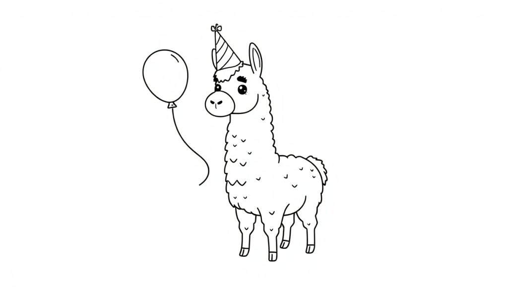 A happy llama wearing a party hat and holding a balloon, in a black and white color panel.