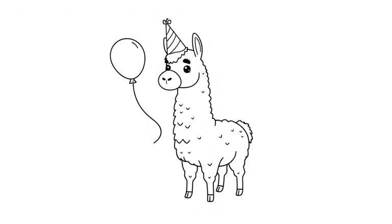 A happy llama wearing a party hat and holding a balloon, in a black and white color panel.