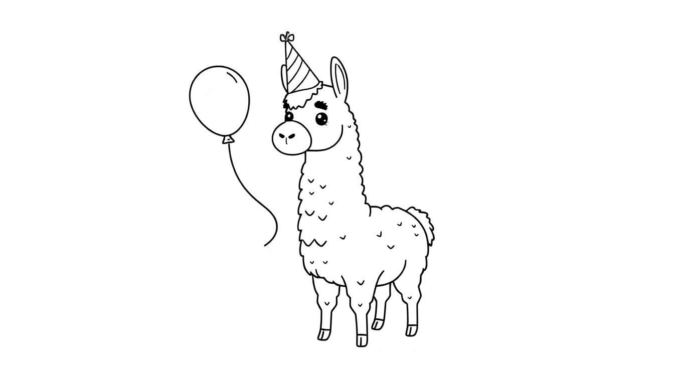 A happy llama wearing a party hat and holding a balloon, in a black and white color panel.