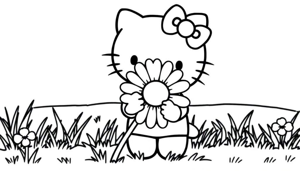 Hello Kitty holding a flower in a coloring panel.